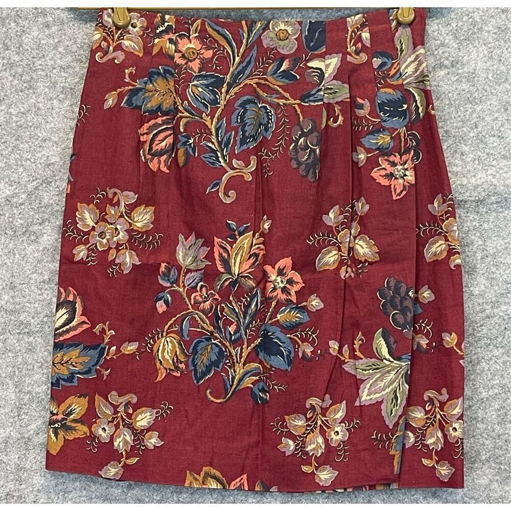 BREECHES Linen Cotton Floral Skirt Sz‎ 12 Burgundy Blend Vintage Made in USA 90s